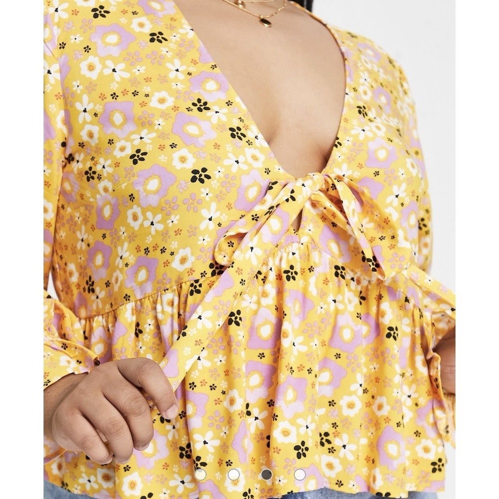 ASOS Design Curve Size U.S. 18 Long Sleeve Tie Front Shirred Cuff Floral Blouse - Picture 9 of 9